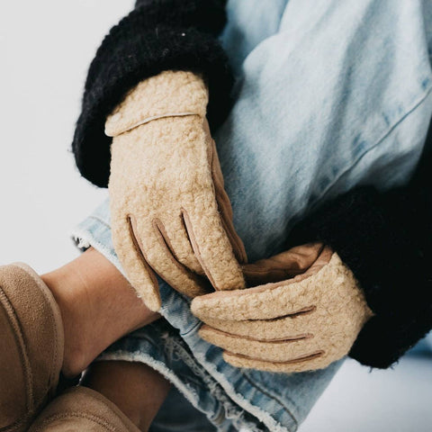 Teddy Sherpa Gloves: Tan